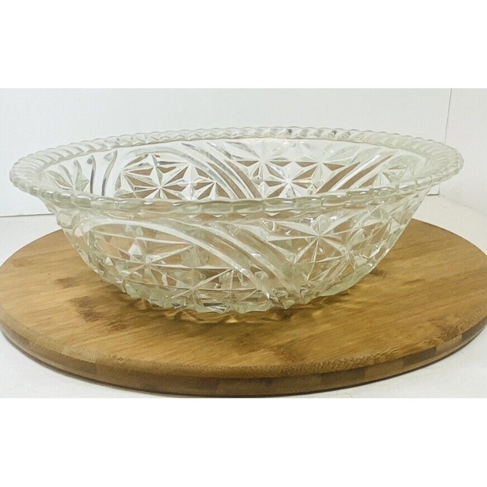 Vintage Salad Bowl LARGE Clear Cut Glass Fruit Serving Deep 10.5" x 3" EUC